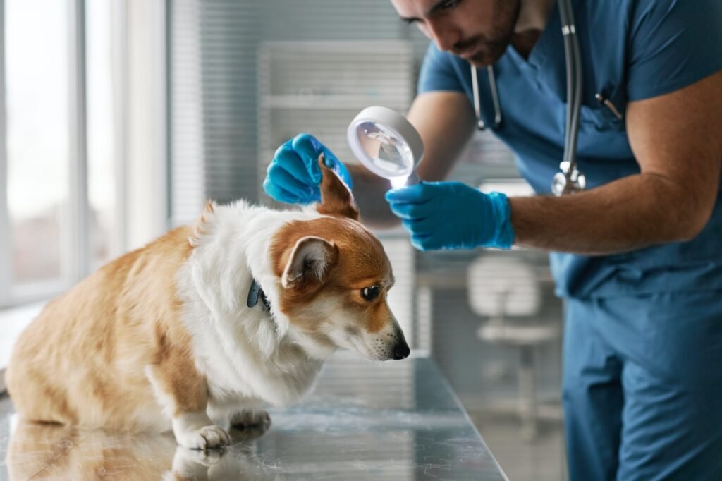 Young veterinarian in gloves and uniform bending over sick corgi dog. My Dog is Walking Slow with Head Down